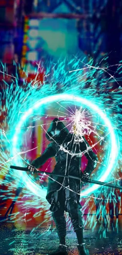 Futuristic samurai with neon circle and shattered glass effect.