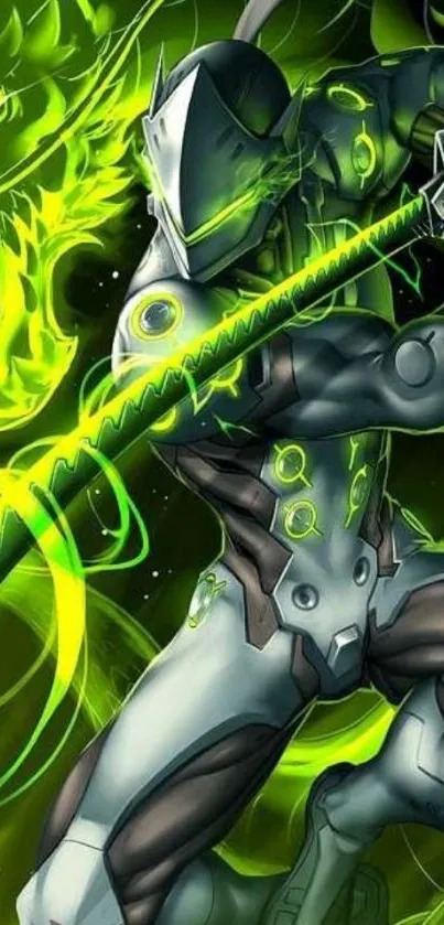 Futuristic samurai with neon green accents and energy sword in action pose.