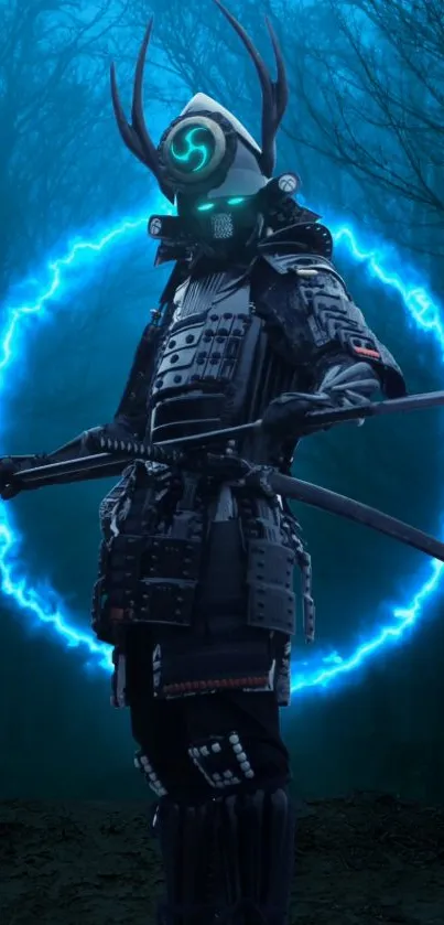 Futuristic samurai with glowing blue aura in a dark forest background.