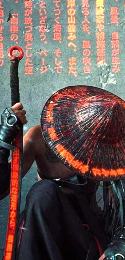 Futuristic samurai with neon-red glow, holding a sword against a dark wall.