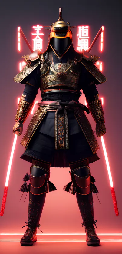 Futuristic samurai warrior with glowing neon swords and armor.