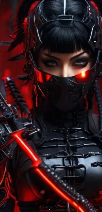 Futuristic samurai warrior in red-black cyber armor.