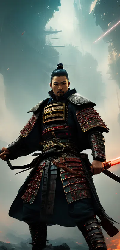 Futuristic samurai warrior in a dynamic battle pose against a vibrant backdrop.