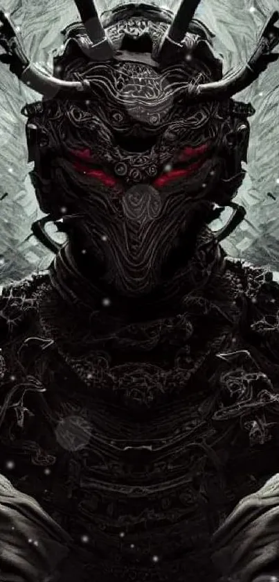 Futuristic samurai warrior with glowing red eyes in dark art style.