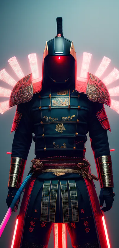 A futuristic samurai warrior with neon accents and intricate armor design.