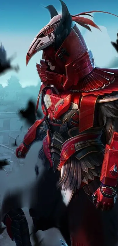 Futuristic samurai warrior in red armor with ravens in a dynamic scene.