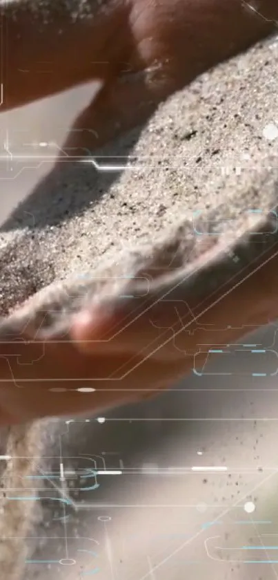 Hands pouring sand with futuristic hologram overlay.