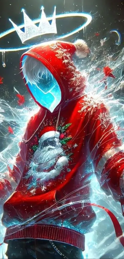 Futuristic Santa hoodie character with crown in neon art.