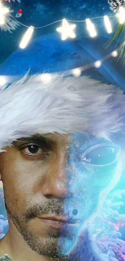 A Santa-themed futuristic hybrid face wallpaper with festive lights.