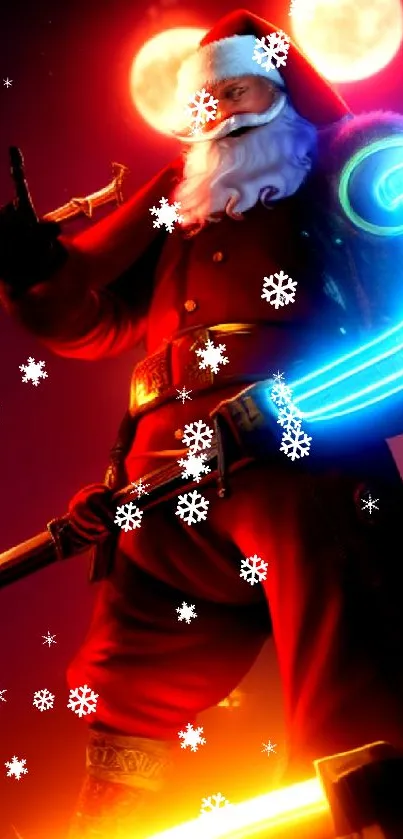 Futuristic Santa Claus with neon lights in a vibrant mobile wallpaper.