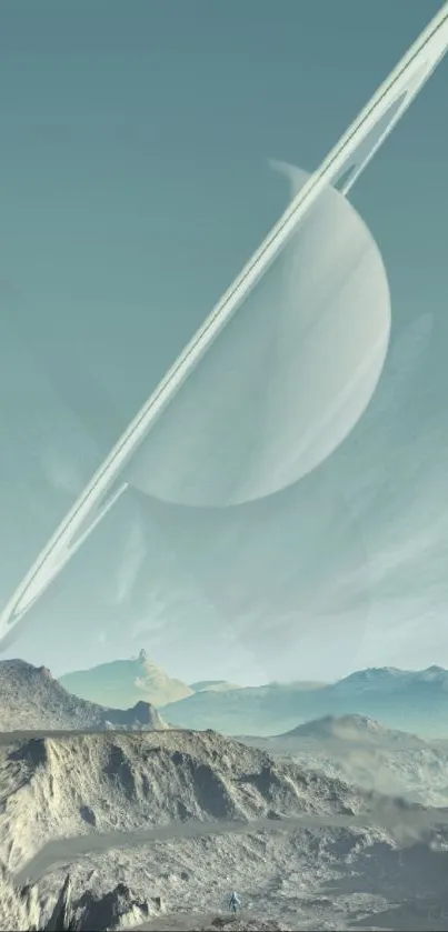 Futuristic landscape with Saturn's rings over mountains.