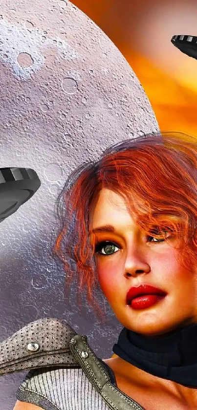 Futuristic sci-fi wallpaper with UFOs and a vibrant sunset.