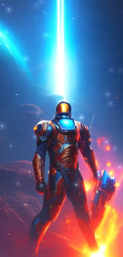 Futuristic astronaut in space with cosmic background and glowing effects.