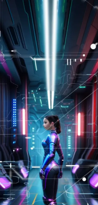 Futuristic corridor with neon AI figure and vibrant lights.