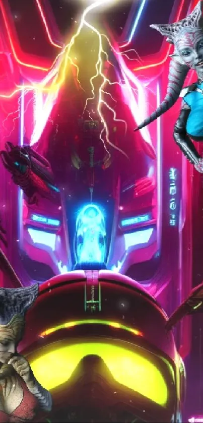 Futuristic alien artwork with neon lights and advanced technology.