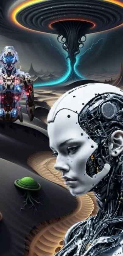 Futuristic android in a sci-fi landscape.