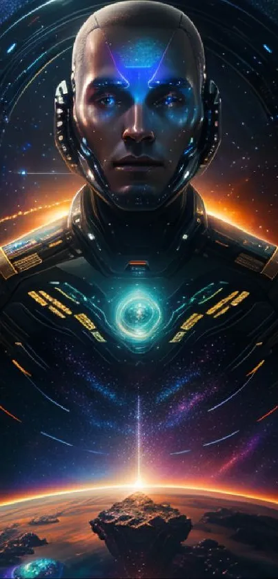 Futuristic sci-fi android with cosmic background wallpaper.