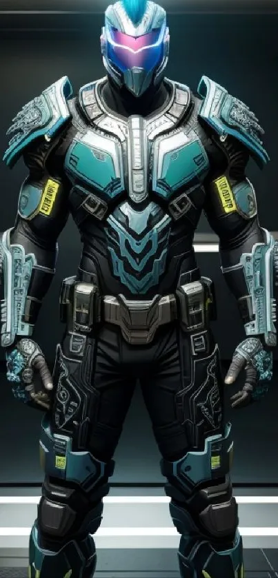 Futuristic armored character with neon hues.