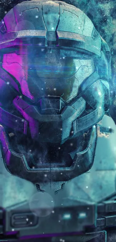 Futuristic sci-fi armor wallpaper with cosmic blue and purple hues.