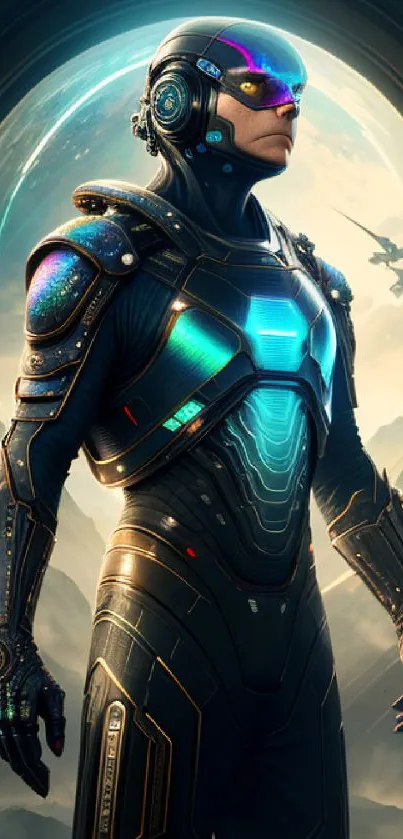 Futuristic warrior in glowing cyber armor with space backdrop.