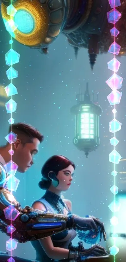 Futuristic sci-fi art wallpaper with vibrant colors and digital technology elements.