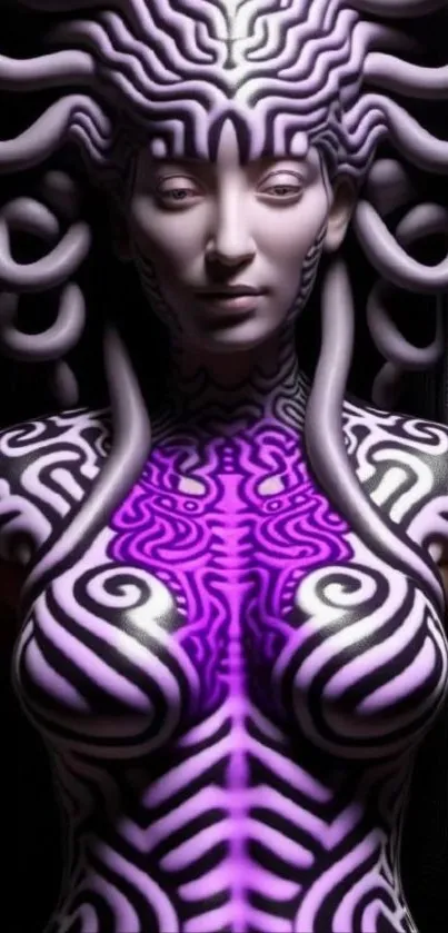 Futuristic sci-fi art wallpaper with intricate patterns on a humanoid figure.