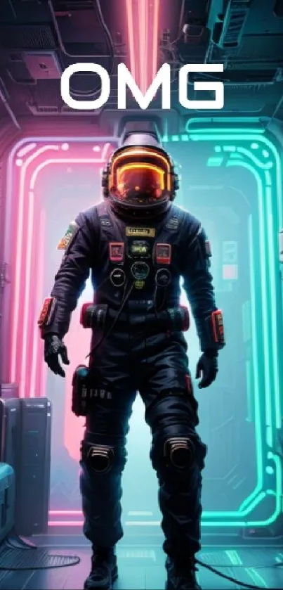 Futuristic astronaut in neon-lit corridor with sci-fi elements.