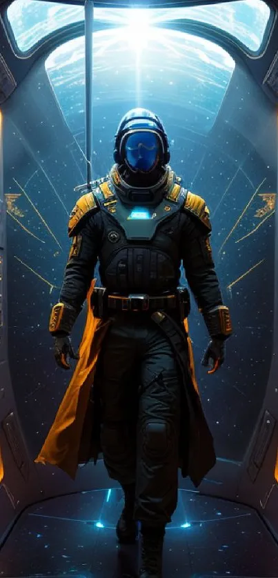 Futuristic astronaut in a glowing sci-fi corridor with neon blue and orange lights.