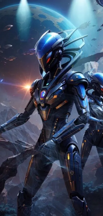 Futuristic armored warriors in a vibrant cosmic setting.