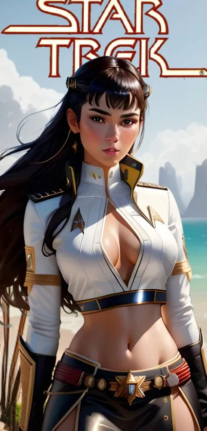 Futuristic sci-fi character on a serene beach with a clear blue sky.