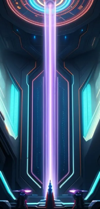 Futuristic sci-fi wallpaper with neon beam and symmetrical design in dark tones.