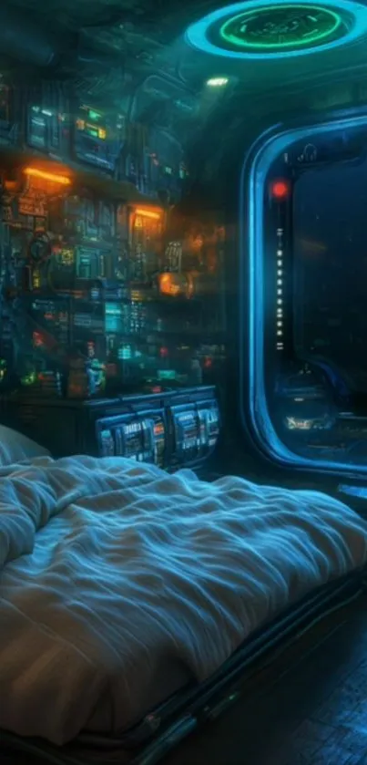 Futuristic sci-fi bedroom with neon lights and space window.