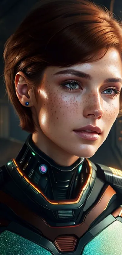 Futuristic female character in detailed armor with vibrant color scheme.