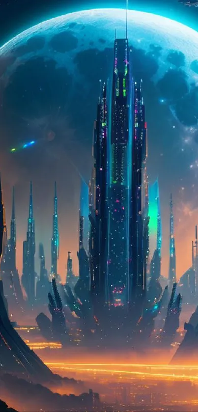 Futuristic city under a glowing moon with a sci-fi theme and vibrant colors.