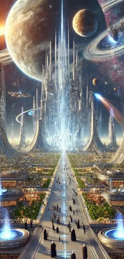 Futuristic cityscape with planets and towers