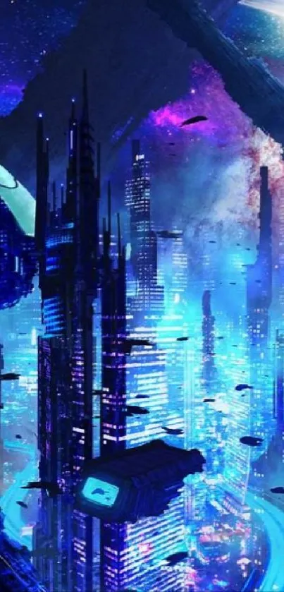 Futuristic sci-fi cityscape with vibrant blue hues and skyscrapers.