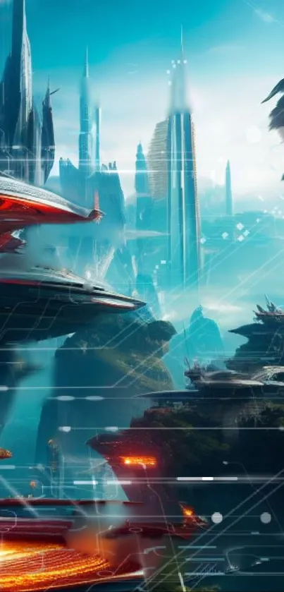 Futuristic sci-fi cityscape with floating structures and vibrant cyan blue sky.