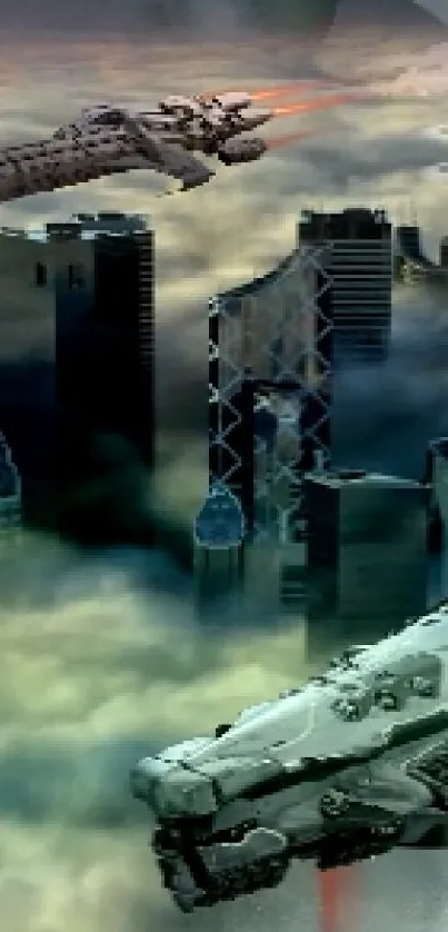 Futuristic cityscape with spaceships hovering over clouds.
