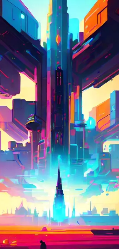 Colorful futuristic cityscape with neon hues and towering structures.