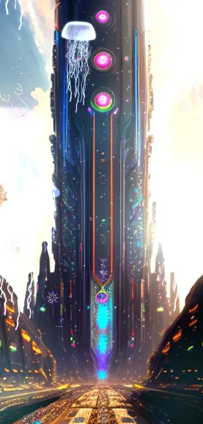 Futuristic cityscape with neon lights and towering structures.