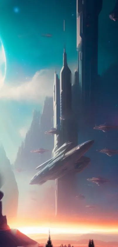 Futuristic cityscape with spaceships flying among skyscrapers.