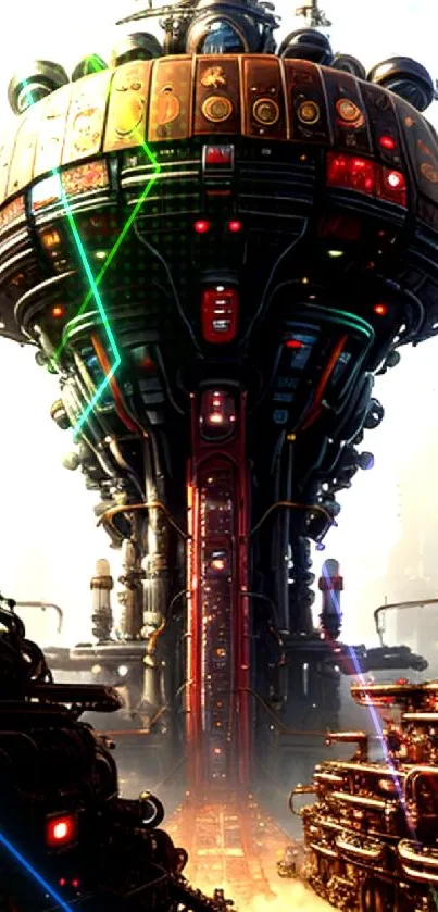 Futuristic steampunk cityscape mobile wallpaper with vibrant colors.