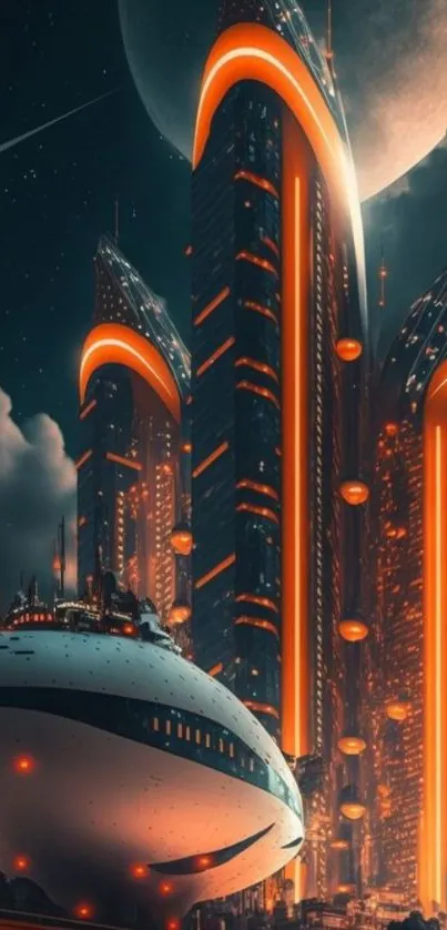 Futuristic cityscape with neon lights and a spaceship against a moonlit sky.