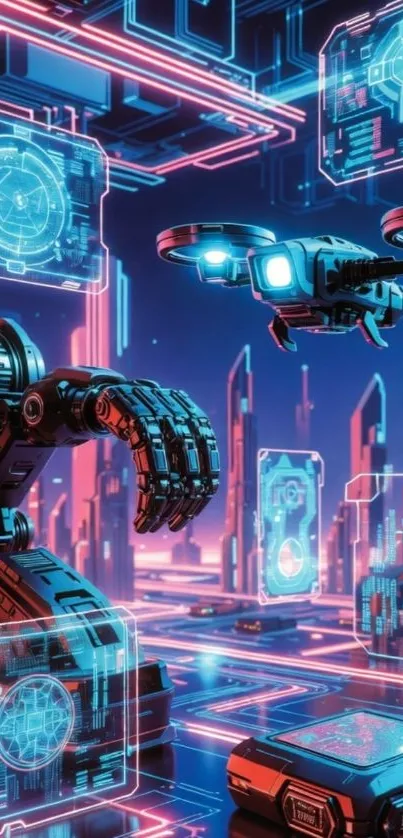 Futuristic cityscape with neon lights and drones.
