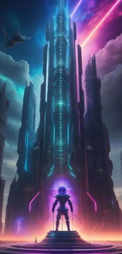 Futuristic cityscape with spaceman and vibrant neon lights.