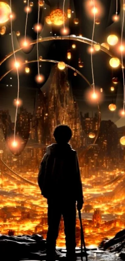 Silhouette in a mystical cityscape illuminated by glowing orbs at night.