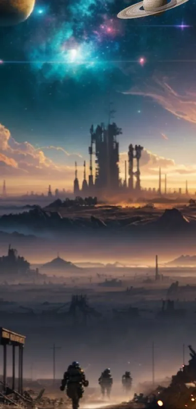 Futuristic sci-fi wallpaper with planets and cityscape.