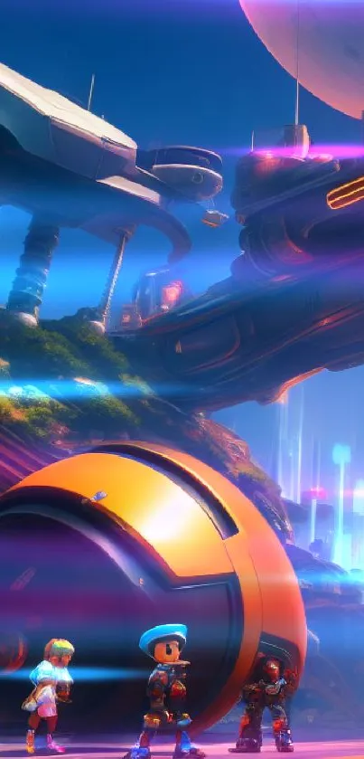 Futuristic cityscape with vibrant sci-fi elements and characters in a dynamic composition.