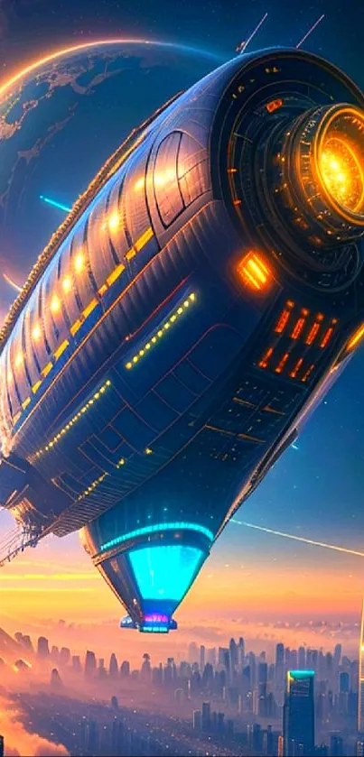 Futuristic spaceship hovering over a neon-lit cityscape with a cosmic background.