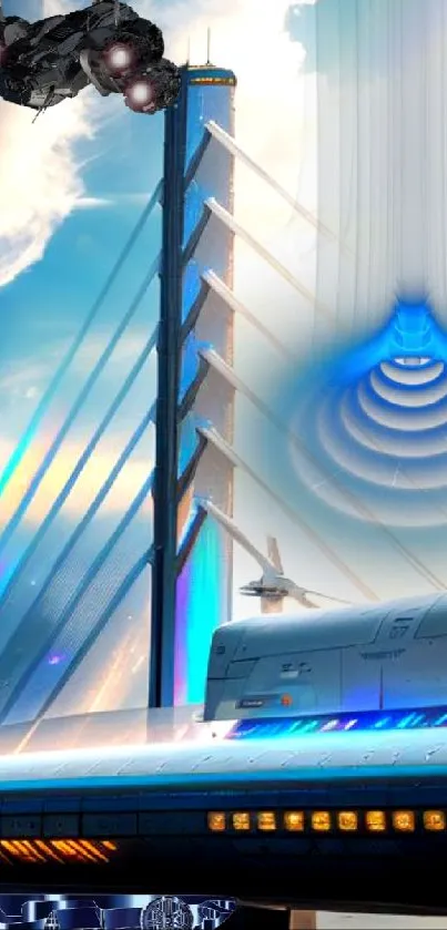 Futuristic cityscape with spacecraft and advanced bridge structure in the sky.